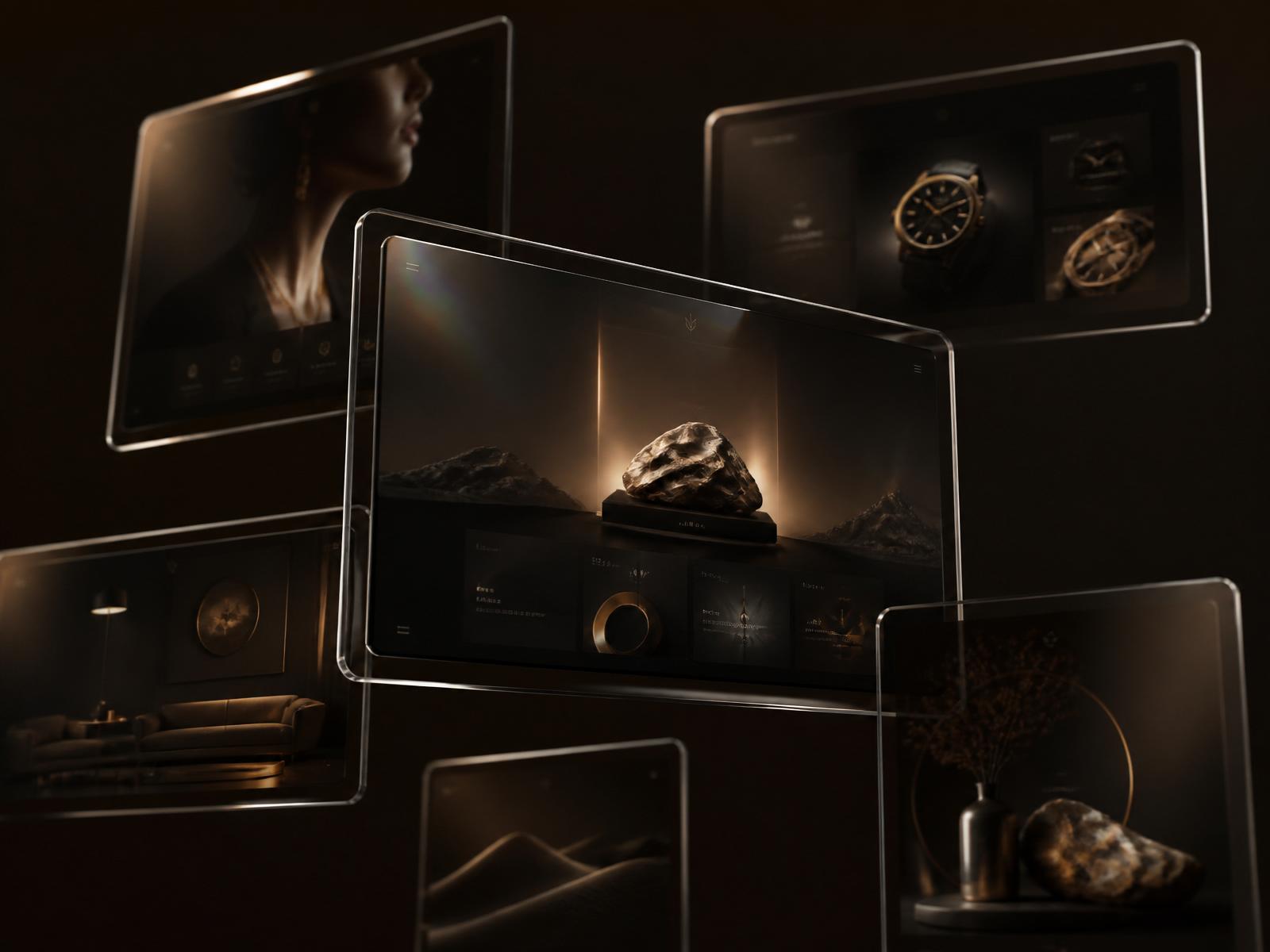 Floating premium website designs in glass frames