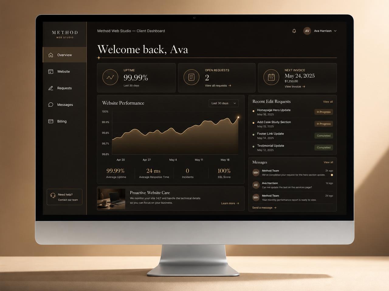 Method Web Studio client dashboard shown on an iMac